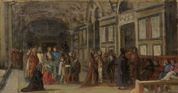 Cristiano Banti : Scena medievale  (1860 ca.)  - Olio su tavoletta - Auction XIX AND XX CENTURY PAINTINGS AND SCULPTURES - II - Casa d'aste Farsettiarte
