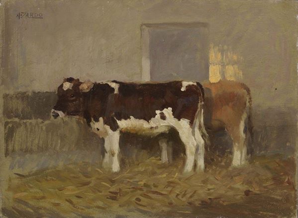 Alberto Zardo : Interno di stalla  - Olio su tavola - Asta Dipinti e Sculture del XIX e XX secolo - Casa d'aste Farsettiarte