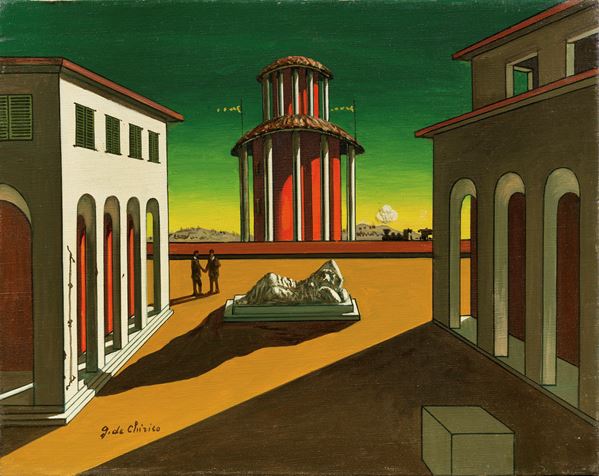 Giorgio de Chirico : Piazza d'Italia  (1950-51 ca.)  - Olio su tela - Asta ARTE MODERNA - II - Casa d'aste Farsettiarte
