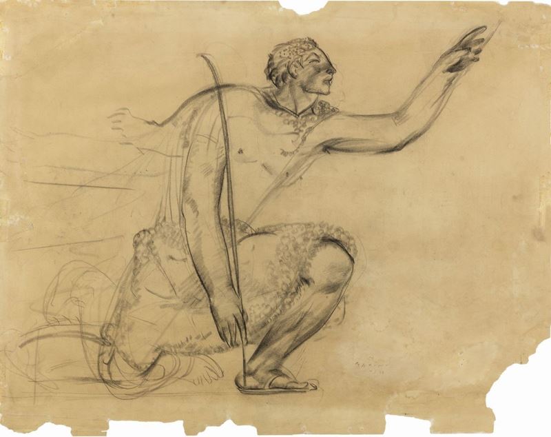 Marino Marini - Figura accovacciata, carboncino su carta