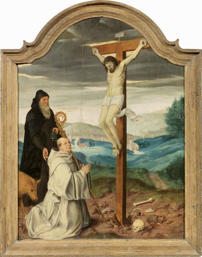Scuola Fiamminga del XVI Secolo - Crocifissione con Sant'antonio Abate e un Vescovo