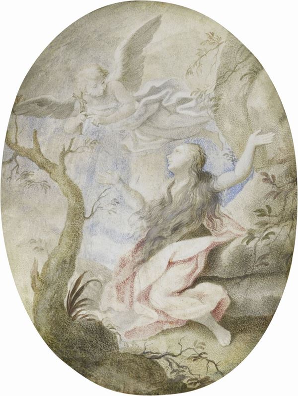 Teresa del Po (attr. a) : Maddalena in estasi  - Punta d'argento e acquerello su pergamena - Asta IMPORTANTI DIPINTI ANTICHI - I - Casa d'aste Farsettiarte
