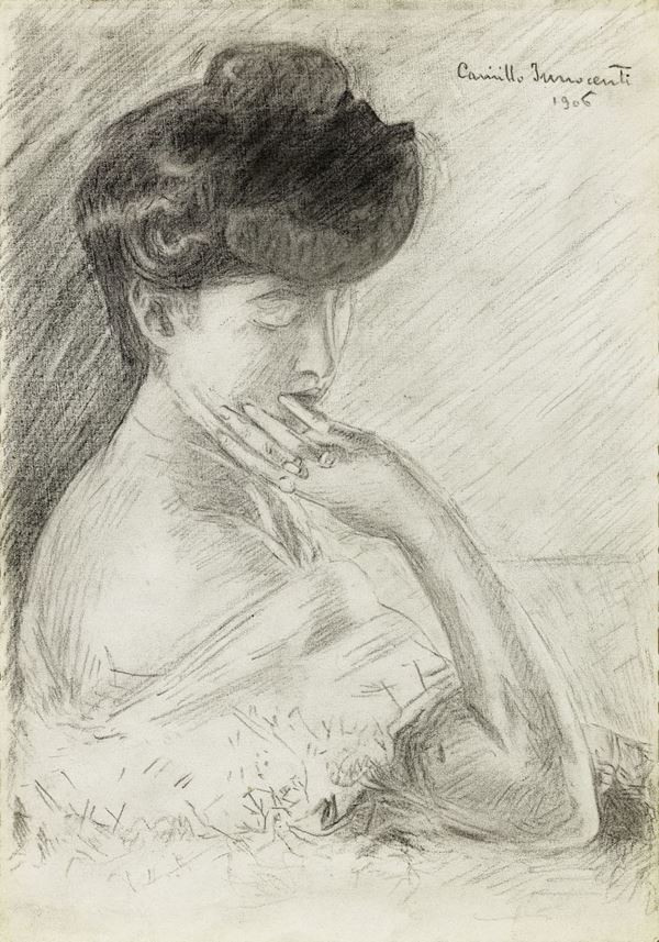 Camillo Innocenti : Ritratto femminile  (1906)  - Carboncino su carta - Asta DIPINTI E SCULTURE DEL XIX E XX SECOLO - II - Casa d'aste Farsettiarte