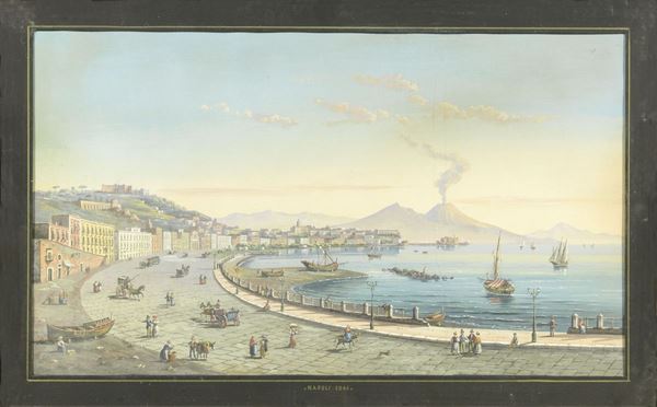 Scuola napoletana del XIX secolo - «Veduta di Napoli e il Vesuvio» e «Veduta del Golfo di Napoli e il Vesuvio»