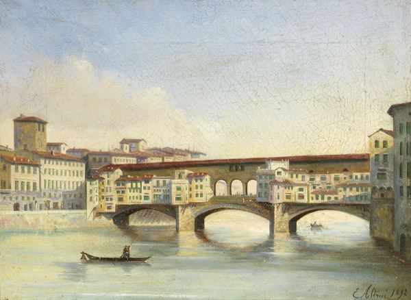 E. Altrui : Il Ponte Vecchio  (1892)  - Olio su tela - Auction IMPORTANT OLD MASTERS PAINTINGS - I - Casa d'aste Farsettiarte