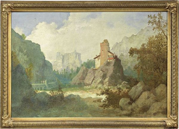 Pittore nordico del XIX secolo - Paesaggio con castello e fiume