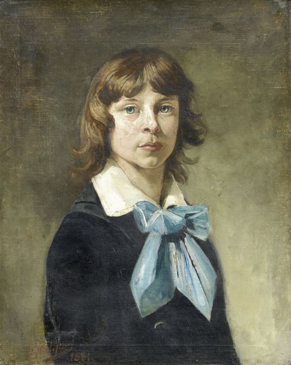L&#233;on Philippet : Ritratto di giovane con fiocco  (1881)  - Olio su tela - Asta DIPINTI E SCULTURE DEL XIX E XX SECOLO - II - Casa d'aste Farsettiarte