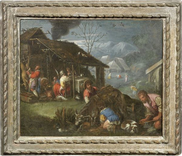 Scuola fiamminga inizio XVII secolo : Scena di mercato  - Olio su tela - Auction IMPORTANT OLD MASTERS PAINTINGS - I - Casa d'aste Farsettiarte