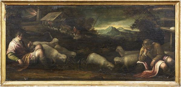 Bottega di Francesco Da Ponte, detto Bassano : Paesaggio con pastori e armenti  (inizio XVII secolo)  - Olio su tavola - Asta IMPORTANTI DIPINTI ANTICHI - I - Casa d'aste Farsettiarte