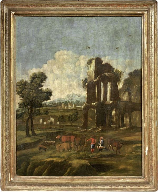 Scuola lucchese fine XVII secolo : Paesaggio con rovine e armenti  - Olio su tela - Asta IMPORTANTI DIPINTI ANTICHI - I - Casa d'aste Farsettiarte