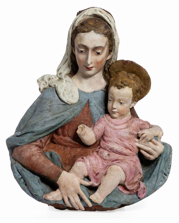 Bernardo Rossellino (copia da) : Madonna col Bambino  - Stucco policromo - Asta IMPORTANTI DIPINTI ANTICHI - I - Casa d'aste Farsettiarte