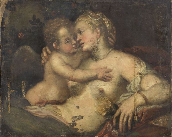 Scuola veneta del XVI secolo : Venere e Cupido  - Olio su tela - Asta IMPORTANTI DIPINTI ANTICHI - I - Casa d'aste Farsettiarte