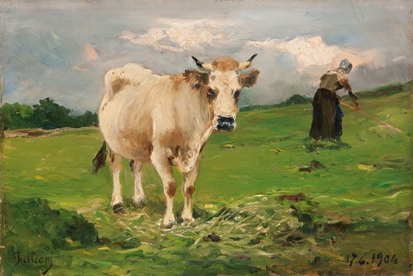 Lorenzo Delleani : Mucca al pascolo  (1904)  - Olio su tavoletta - Auction XIX AND XX CENTURY PAINTINGS AND SCULPTURES - II - Casa d'aste Farsettiarte