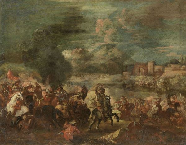 Jacques Courtois detto il Borgognone (ambito di) - «Battaglia di cavalleria di fronte a città murata» e «Battaglia di cavalleria con fortificazione turrita»