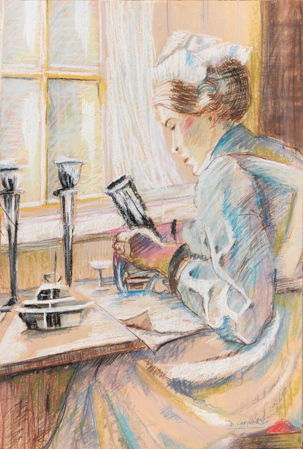 D. Carpenter : Donna che pulisce l'argento  - Pastelli su carta - Auction PARADE II - XIX AND XX CENTURY PAINTINGS AND SCULPTURES - Casa d'aste Farsettiarte