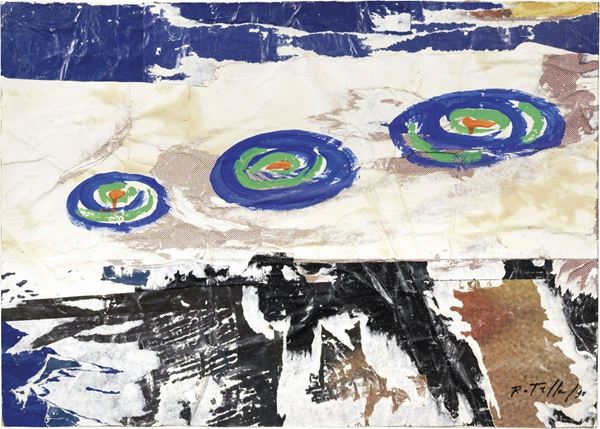 Mimmo Rotella : Tre Ufo  (1990)  - Décollage e pittura su tela - Asta ARTE CONTEMPORANEA - I - Casa d'aste Farsettiarte