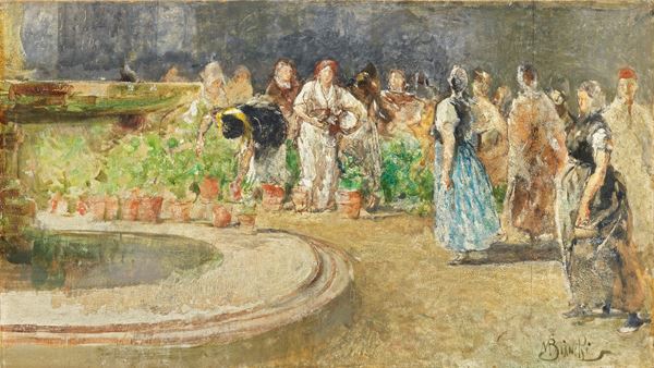 Mos&#232; Bianchi : Il mercato dei fiori  - Olio su compensato - Auction XIX and XX Century Paintings and Sculptures - Casa d'aste Farsettiarte