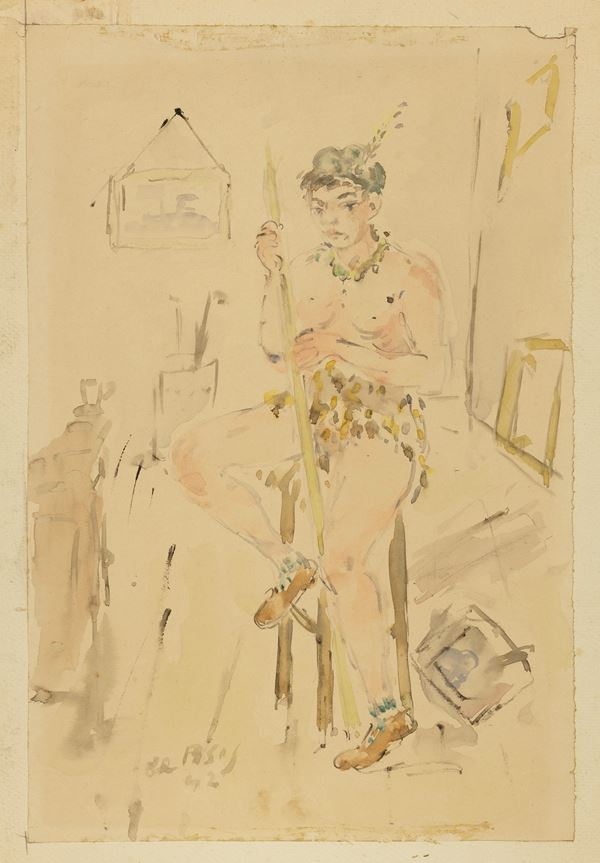 Filippo de Pisis : Modello nello studio  (1942)  - Acquerello su carta applicata su cartone - Asta ARTE MODERNA, CONTEMPORANEA E GRAFICA PARTE II - II - Casa d'aste Farsettiarte