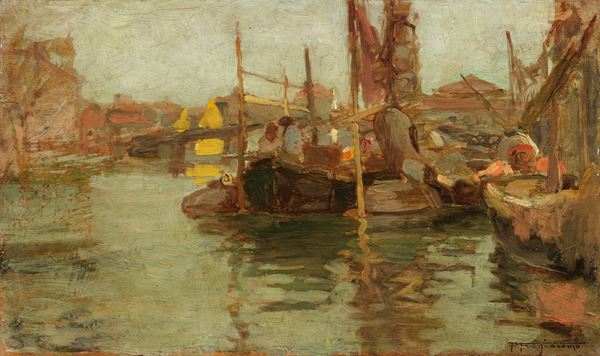 Pietro Fragiacomo : Barche a Chioggia  - Olio su tavoletta - Auction XIX AND XX CENTURY PAINTINGS AND SCULPTURES - II - Casa d'aste Farsettiarte