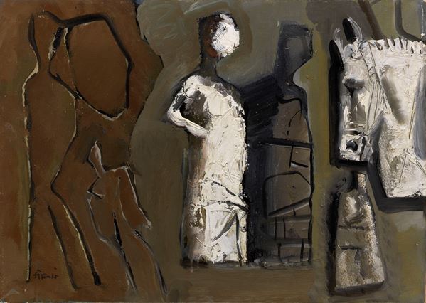 Mario Sironi : Composizione con figure e testa di cavallo  (1958 ca.)  - Olio su tela - Asta ARTE MODERNA - II - Casa d'aste Farsettiarte