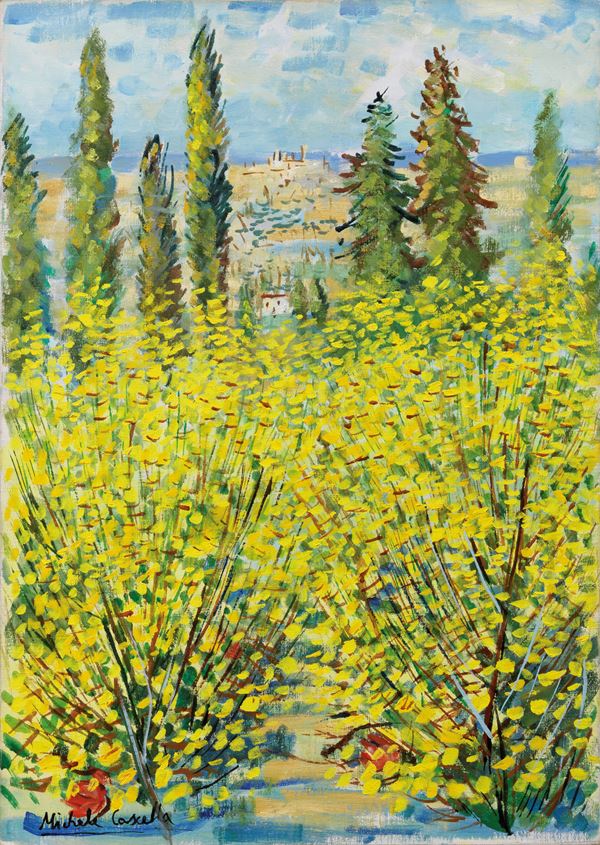 Michele Cascella : Ginestre a San Gimignano  - Olio su tela - Auction CONTEMPORARY ART - I - Casa d'aste Farsettiarte