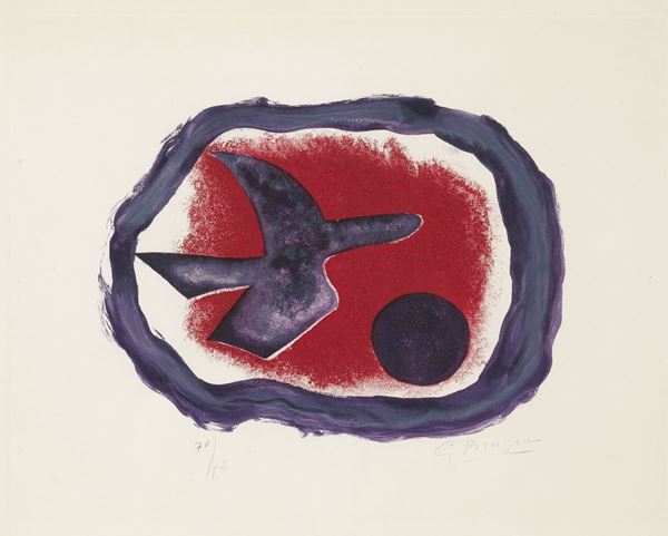 Georges Braque : Oiseau sur fond carmine (Oiseau XIV)  (1958)  - Acquaforte a colori, es. 70/75 - Asta ARTE CONTEMPORANEA - I - Casa d'aste Farsettiarte