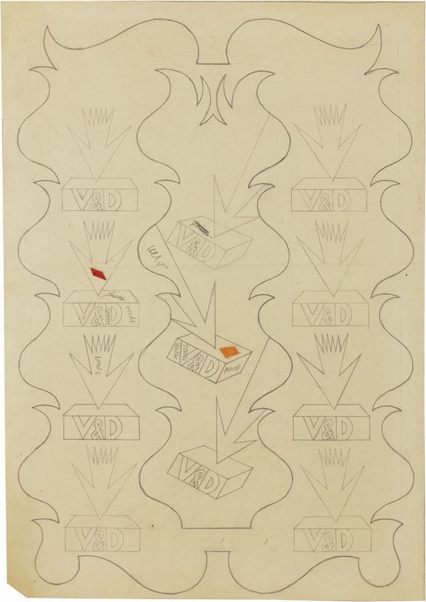 Fortunato Depero : Copertina per il catalogo dei Mattoni Verzocchi  (1924)  - Matita e collage di carte colorate su carta - Asta ARTE CONTEMPORANEA - I - Casa d'aste Farsettiarte