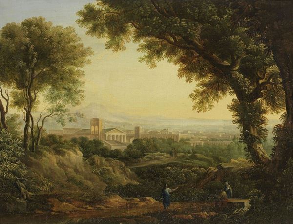 Scuola francese del XVIII secolo : Paesaggio con città classica sullo sfondo  - Olio su tela - Auction IMPORTANT OLD MASTERS PAINTINGS - I - Casa d'aste Farsettiarte