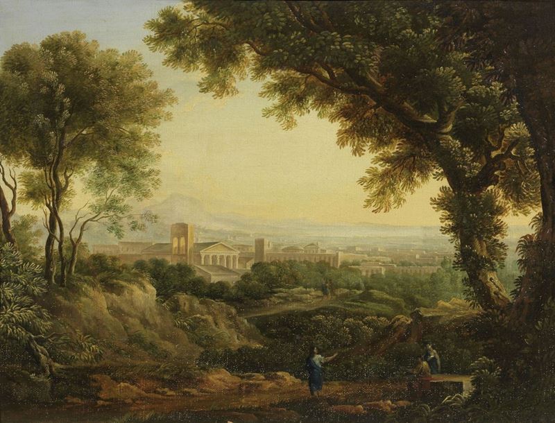 Scuola Francese del XVIII Secolo - Paesaggio con Città Classica sullo Sfondo