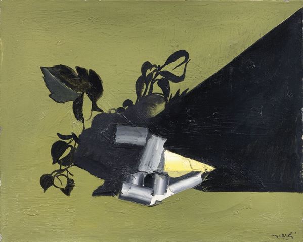 Carlo Mattioli : Natura morta con il Cestino del Caravaggio  (1968)  - Olio su tela - Asta ARTE CONTEMPORANEA - I - Casa d'aste Farsettiarte