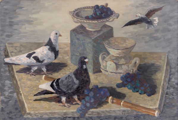 Gino Severini : Natura morta con piccioni e frutta  (1934 ca.)  - Olio su cartone - Asta ARTE MODERNA - II - Casa d'aste Farsettiarte
