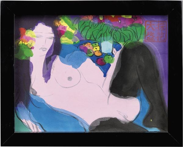 Walasse Ting : Nude de femme  (1970-75)  - Acquerello su carta in cornice di plexiglass - Asta ARTE CONTEMPORANEA - I - Casa d'aste Farsettiarte