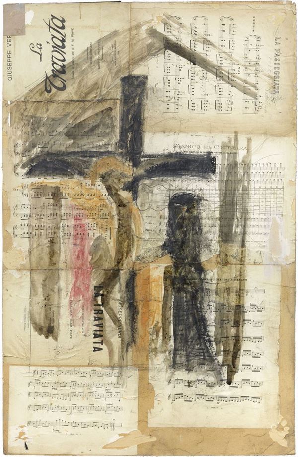 Lorenzo Viani : Studio per Il Cenacolo  (1919)  - Tecnica mista e collage su cartone applicato su tavola - Asta ARTE CONTEMPORANEA - I - Casa d'aste Farsettiarte