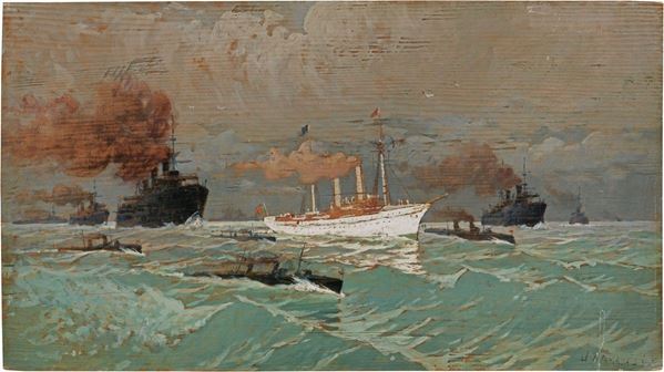 Ugo Manaresi : La Nave Reale Savoia in arrivo a Cettigne  - Olio su tavoletta - Auction XIX AND XX CENTURY PAINTINGS AND SCULPTURES - II - Casa d'aste Farsettiarte