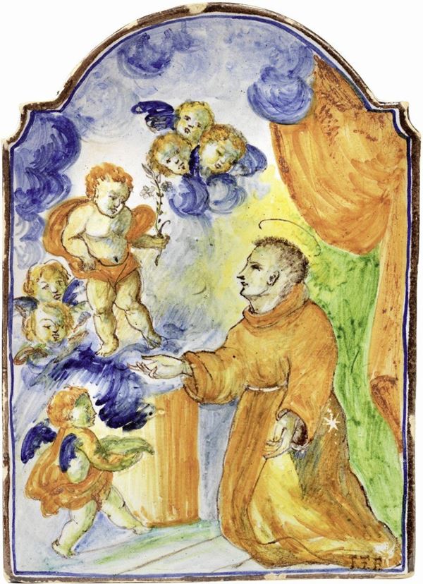 Targa mistilinea in maiolica policroma
