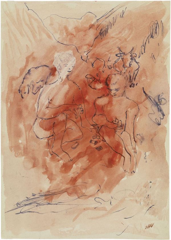 Aligi Sassu : Due pastorelli  (1932)  - Inchiostro su carta - Auction CONTEMPORARY ART - I - Casa d'aste Farsettiarte
