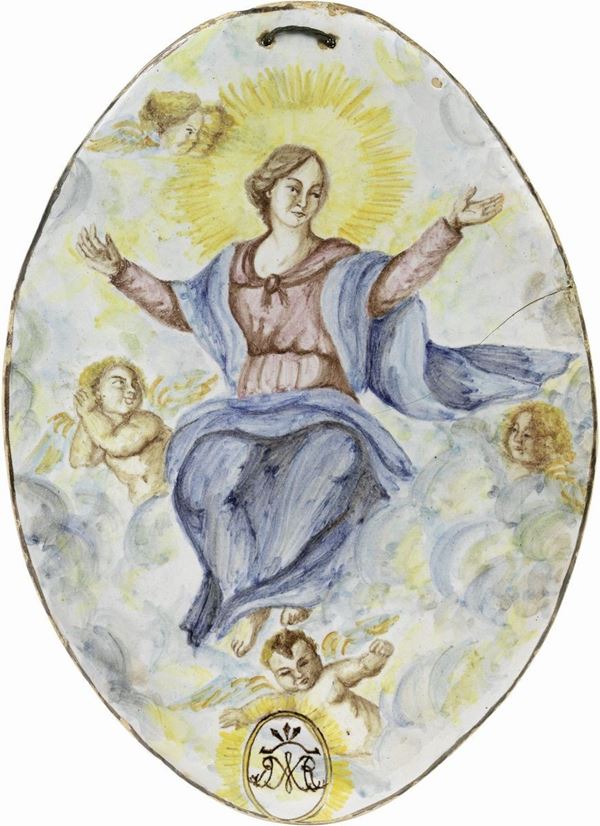 Targa ovale in maiolica policroma