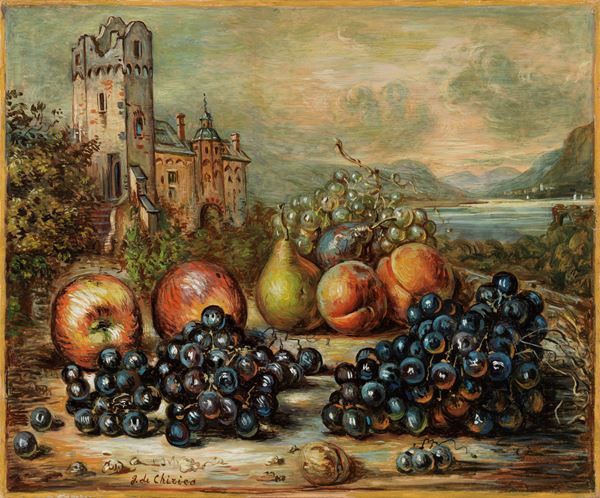 Giorgio de Chirico : Frutta in un paese  (1950)  - Olio su tela - Asta ARTE MODERNA - II - Casa d'aste Farsettiarte