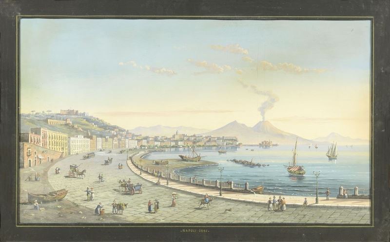 Scuola Napoletana del XIX Secolo - «veduta di Napoli e il Vesuvio» e «veduta del Golfo di Napoli ...