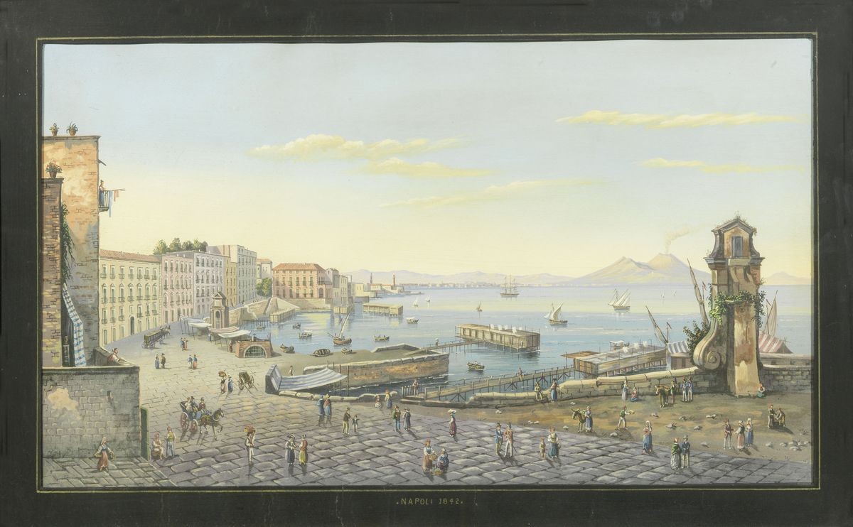 Scuola Napoletana del XIX Secolo - «veduta di Napoli e il Vesuvio» e «veduta del Golfo di Napoli ...