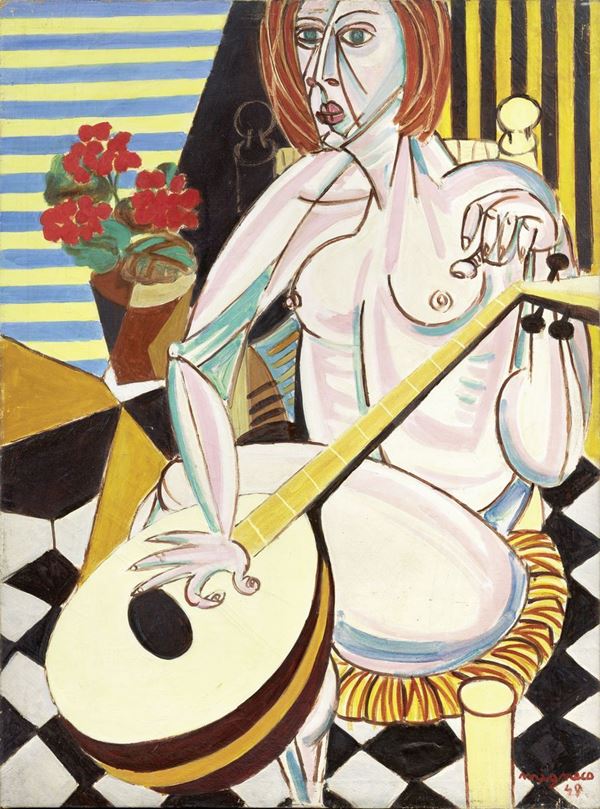 Giuseppe Migneco : Donna con mandolino  (1949)  - Olio su tela - Asta ARTE CONTEMPORANEA - I - Casa d'aste Farsettiarte