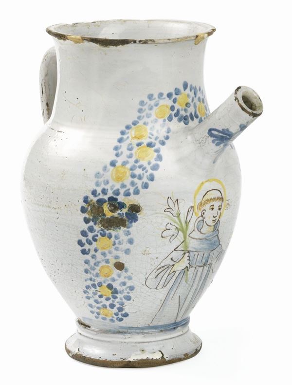 Orciuolo in maiolica policroma  (metà del XVII secolo.)  - Asta IMPORTANTI DIPINTI ANTICHI - I - Casa d'aste Farsettiarte