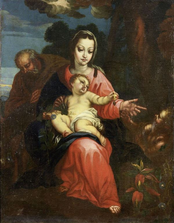 Scuola Italia settentrionale fine XVII secolo : Sacra Famiglia con San Giovannino  - Olio su tela - Auction IMPORTANT OLD MASTERS PAINTINGS - I - Casa d'aste Farsettiarte
