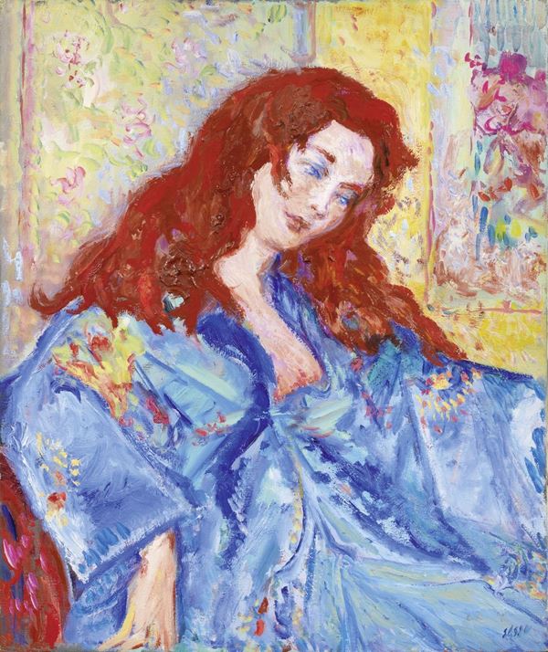 Aligi Sassu : Xenia con la vestaglia azzurra  (1964)  - Olio su tela - Asta ARTE CONTEMPORANEA - I - Casa d'aste Farsettiarte