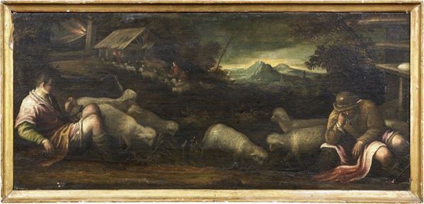 Bottega di Francesco Da Ponte, detto Bassano : Paesaggio con pastori e armenti  (inizio XVII secolo)  - Olio su tavola - Auction IMPORTANT OLD MASTERS PAINTINGS - I - Casa d'aste Farsettiarte