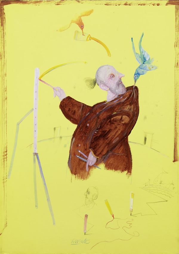 Antonio Possenti : Un pittore e due uccelli  (1999)  - Tecnica mista su carta applicata su tela - Asta ARTE CONTEMPORANEA - I - Casa d'aste Farsettiarte