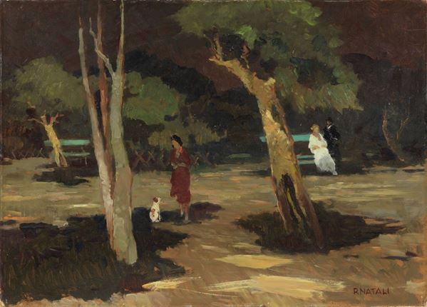 Renato Natali : Sera al parco  - Olio su faesite - Auction XIX AND XX CENTURY PAINTINGS AND SCULPTURES - II - Casa d'aste Farsettiarte