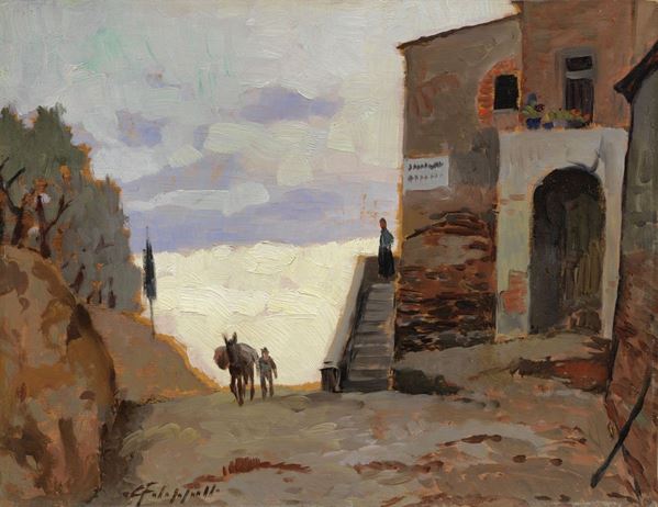 Cafiero Filippelli : Arrivo al casolare  - Olio su tavola - Auction XIX AND XX CENTURY PAINTINGS AND SCULPTURES - II - Casa d'aste Farsettiarte