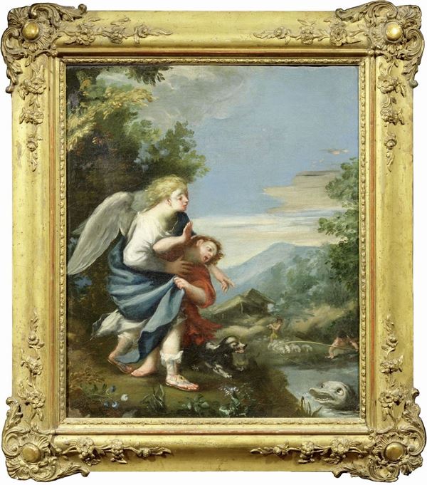 Scuola emiliana del XVII secolo : Tobiolo e l'Angelo  - Olio su tela - Auction IMPORTANT OLD MASTERS PAINTINGS - I - Casa d'aste Farsettiarte