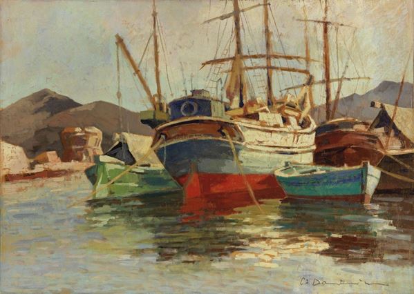 Carlo Domenici : Portoferraio  - Olio su compensato - Auction XIX AND XX CENTURY PAINTINGS AND SCULPTURES - II - Casa d'aste Farsettiarte